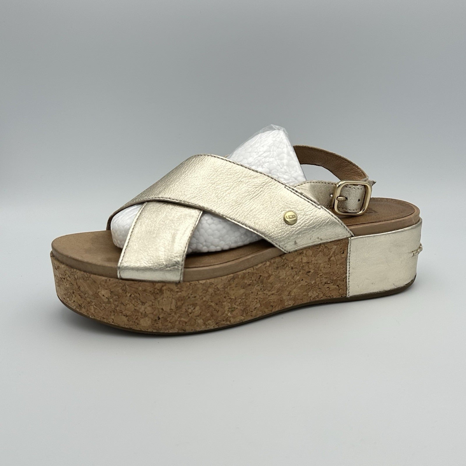 UGG Shoshana Sandals Women’s Size 8.5 Gold Leather Platform Cork Slides 1100983