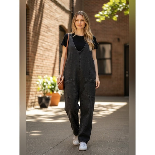 Free People We The Free High Roller Jumpsuit Women’s Size S Black Denim Romper