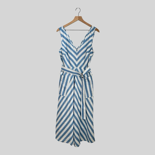 Kate Spade Deck Stripe Midi Dress Women’s Size 8 Linen White Nautical Belted